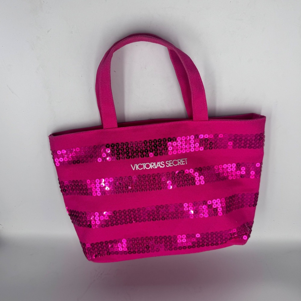Victorias Secret Hot Pink Sequin Stripe Canvas Mini Tote Bag Small Handbag